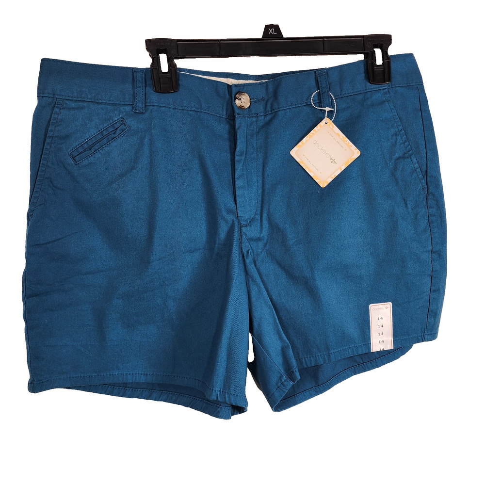 Dockers Womens Chino Shorts 14 Teal Blue Classic Preppy Stretch High Rise Casual